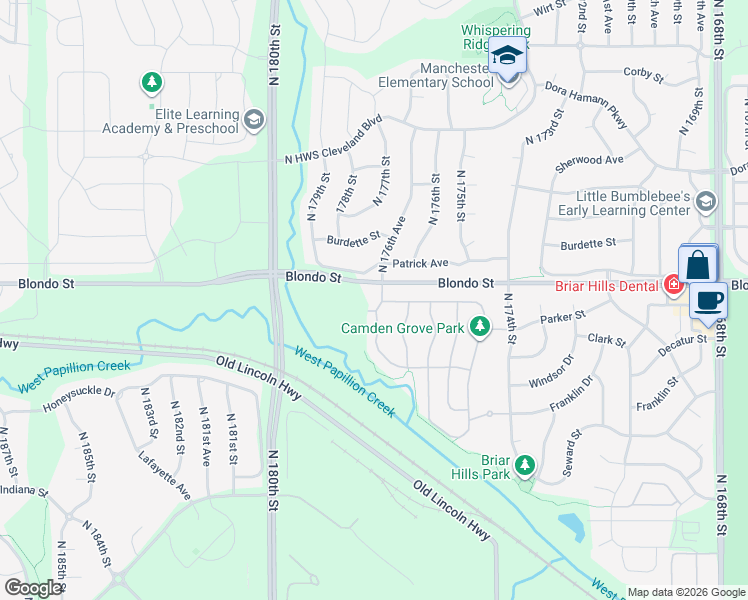 map of restaurants, bars, coffee shops, grocery stores, and more near 1806 North 177th Street in Omaha