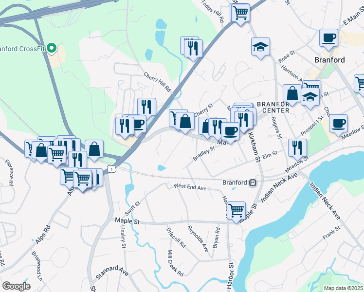 map of restaurants, bars, coffee shops, grocery stores, and more near 61-63 Home Place in Branford
