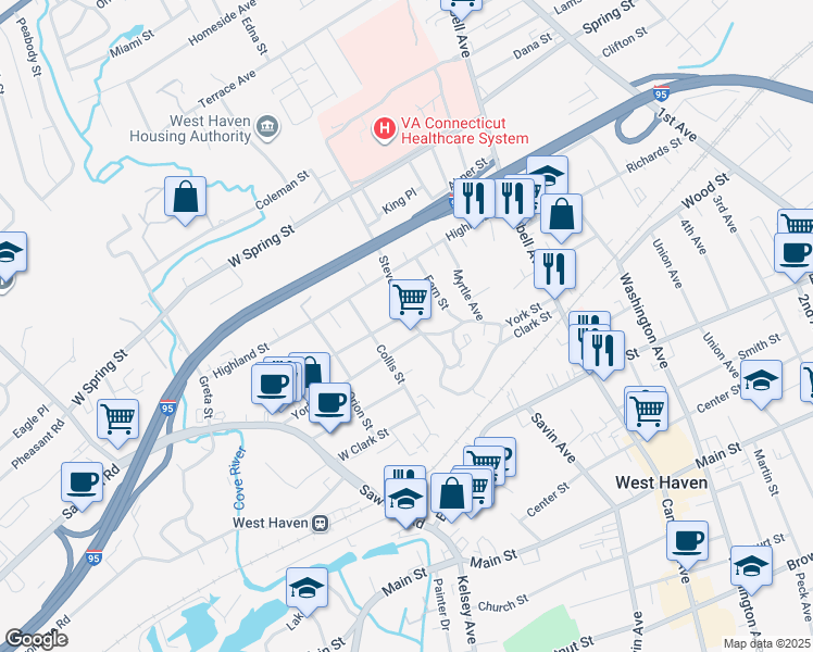 map of restaurants, bars, coffee shops, grocery stores, and more near 70 Stevens Avenue in West Haven
