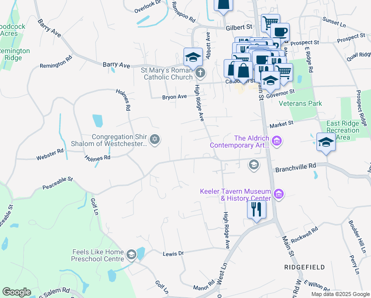 map of restaurants, bars, coffee shops, grocery stores, and more near 30 Peaceable Street in Ridgefield