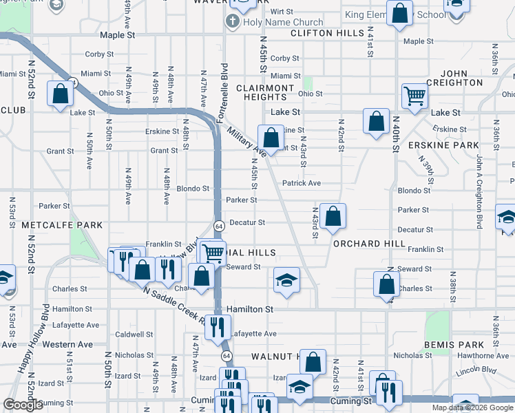 map of restaurants, bars, coffee shops, grocery stores, and more near 4417 Parker Street in Omaha