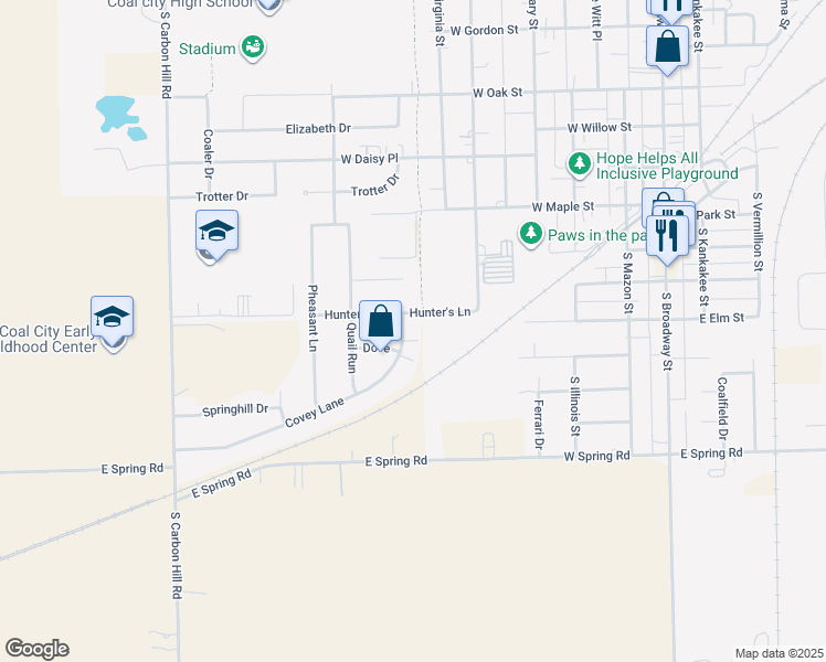 map of restaurants, bars, coffee shops, grocery stores, and more near 805 Covey Lane in Coal City