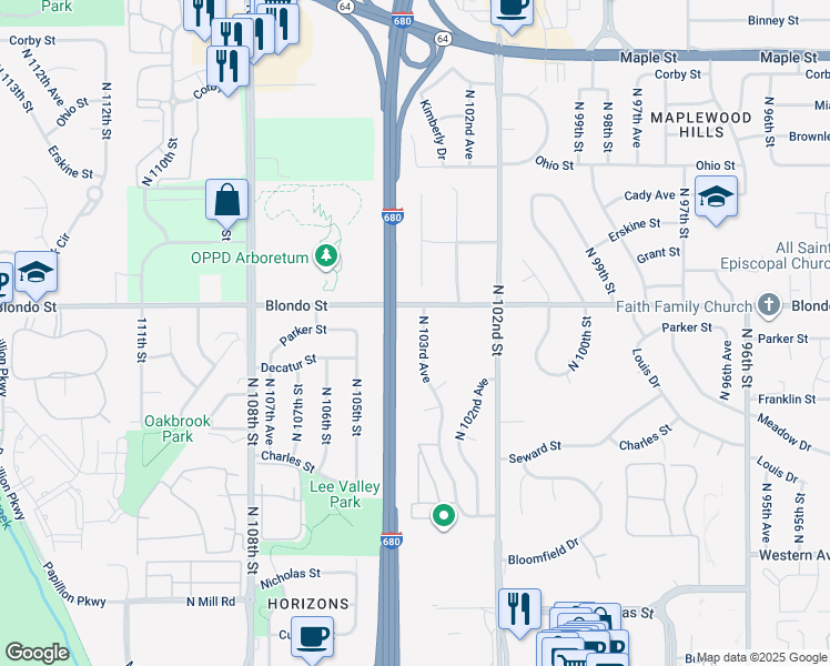 map of restaurants, bars, coffee shops, grocery stores, and more near 1920 North 103rd Avenue in Omaha