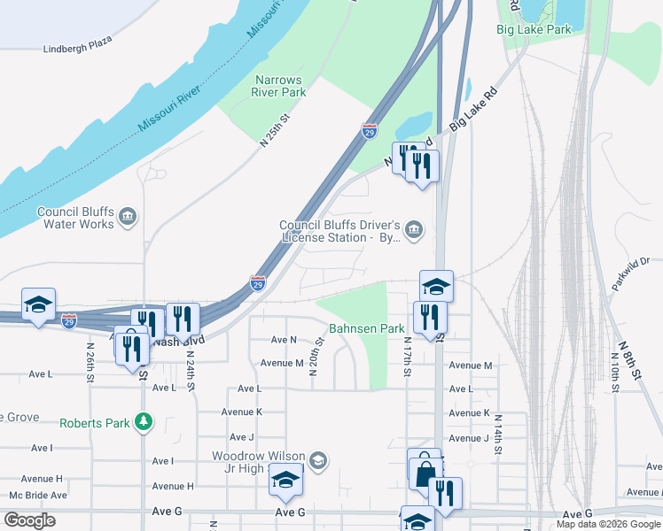 map of restaurants, bars, coffee shops, grocery stores, and more near 2065 Nash Boulevard in Council Bluffs