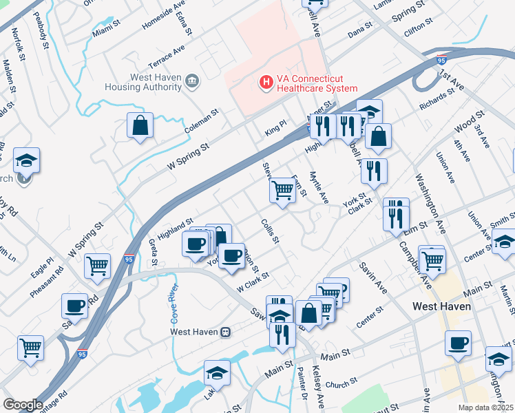 map of restaurants, bars, coffee shops, grocery stores, and more near 37 West Prospect Street in West Haven