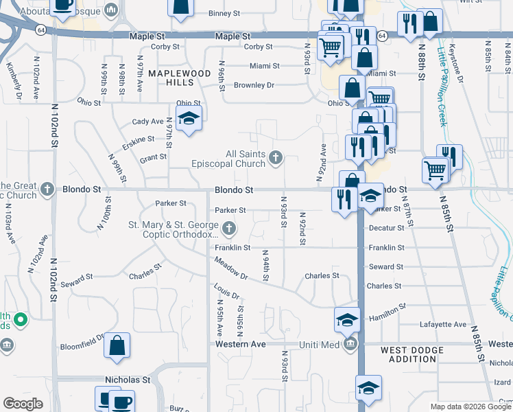 map of restaurants, bars, coffee shops, grocery stores, and more near 9358 Parker Street in Omaha