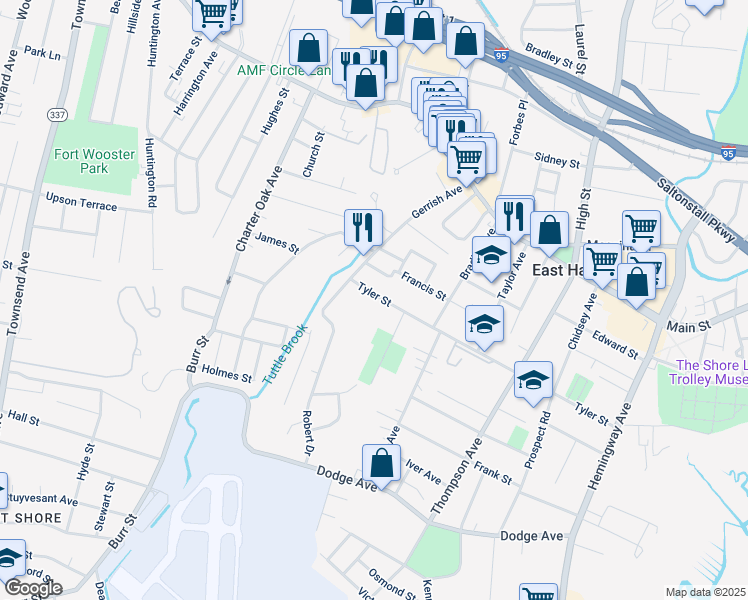 map of restaurants, bars, coffee shops, grocery stores, and more near 316 Tyler Street in East Haven