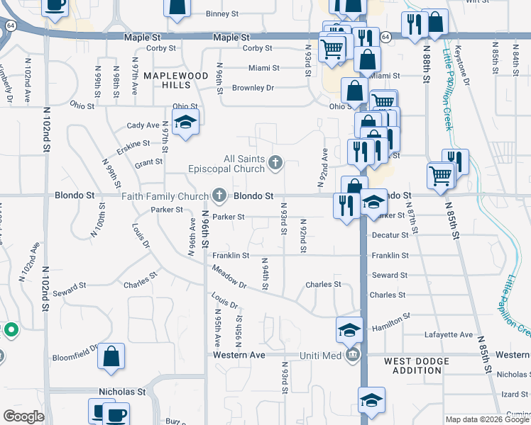 map of restaurants, bars, coffee shops, grocery stores, and more near 9358 Parker Street in Omaha