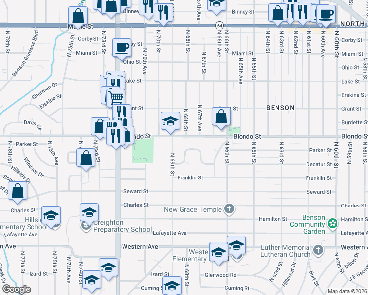 map of restaurants, bars, coffee shops, grocery stores, and more near 6658 Decatur Street in Omaha