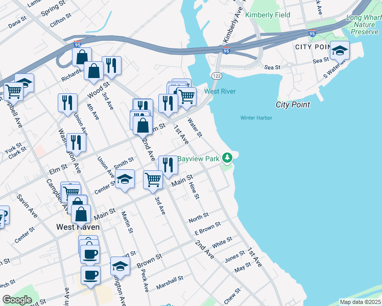 map of restaurants, bars, coffee shops, grocery stores, and more near 346 1st Avenue in West Haven