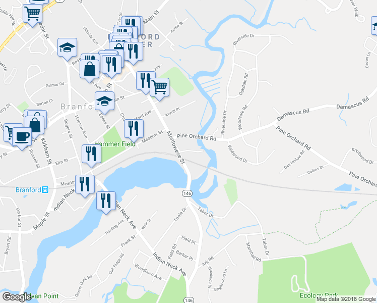 map of restaurants, bars, coffee shops, grocery stores, and more near 11 Old Pine Orchard Road in Branford