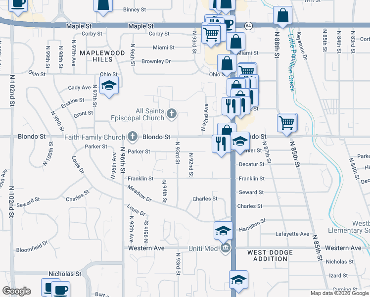 map of restaurants, bars, coffee shops, grocery stores, and more near 9248 Parker Street in Omaha
