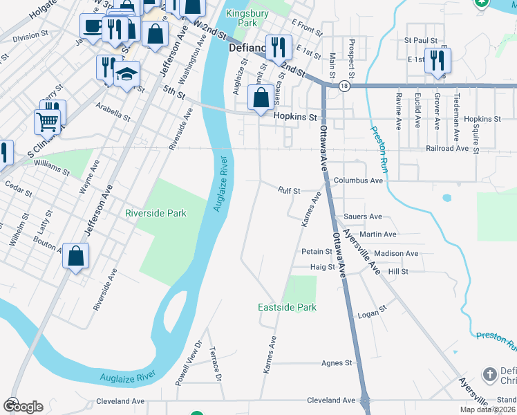 map of restaurants, bars, coffee shops, grocery stores, and more near 965 Summit Street in Defiance
