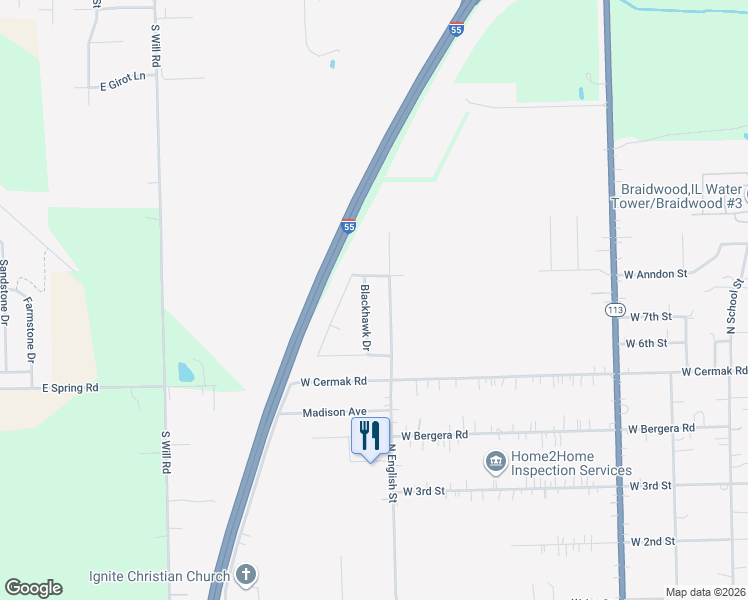 map of restaurants, bars, coffee shops, grocery stores, and more near 865 Blackhawk Dr in Braidwood