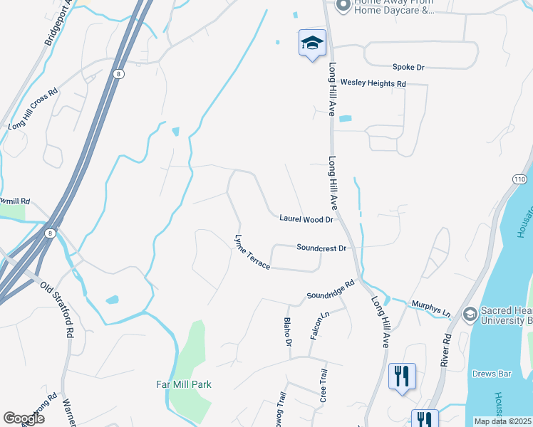 map of restaurants, bars, coffee shops, grocery stores, and more near 32 Laurel Wood Drive in Shelton
