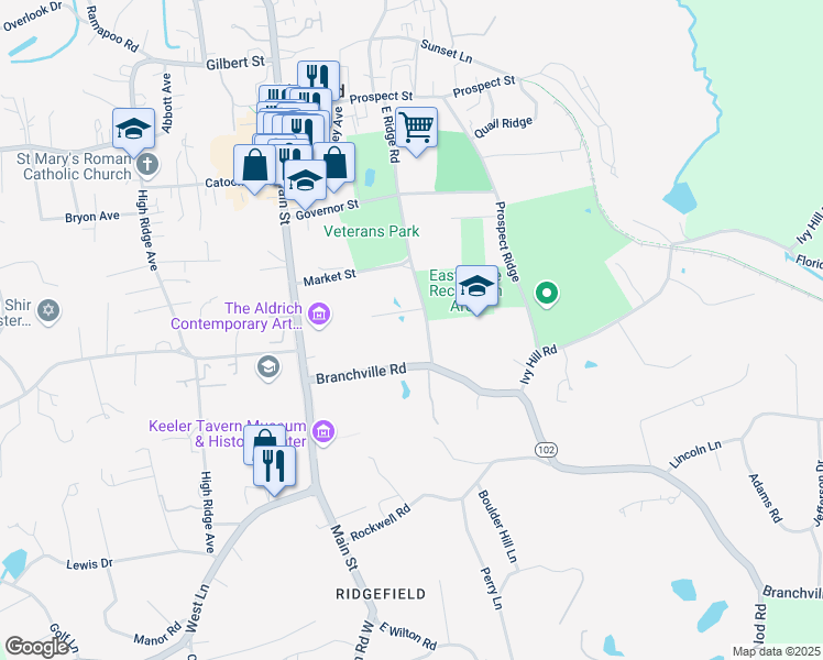 map of restaurants, bars, coffee shops, grocery stores, and more near 15 East Ridge Road in Ridgefield
