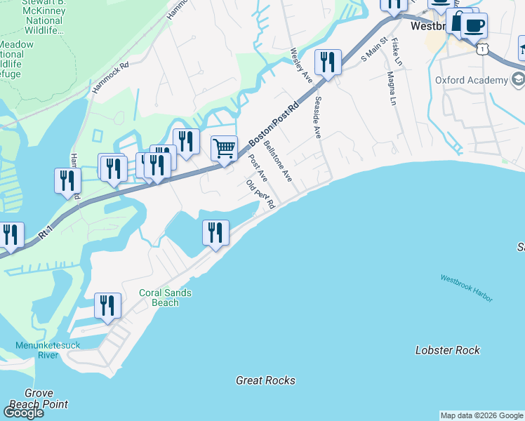 map of restaurants, bars, coffee shops, grocery stores, and more near 283 Seaside Avenue in Westbrook
