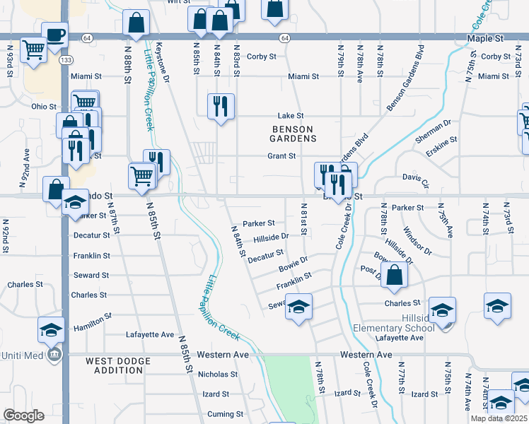 map of restaurants, bars, coffee shops, grocery stores, and more near 8305 Parker Ct in Omaha