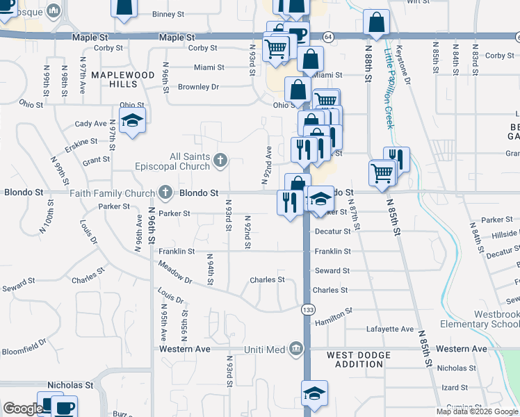 map of restaurants, bars, coffee shops, grocery stores, and more near 9216 Parker Street in Omaha