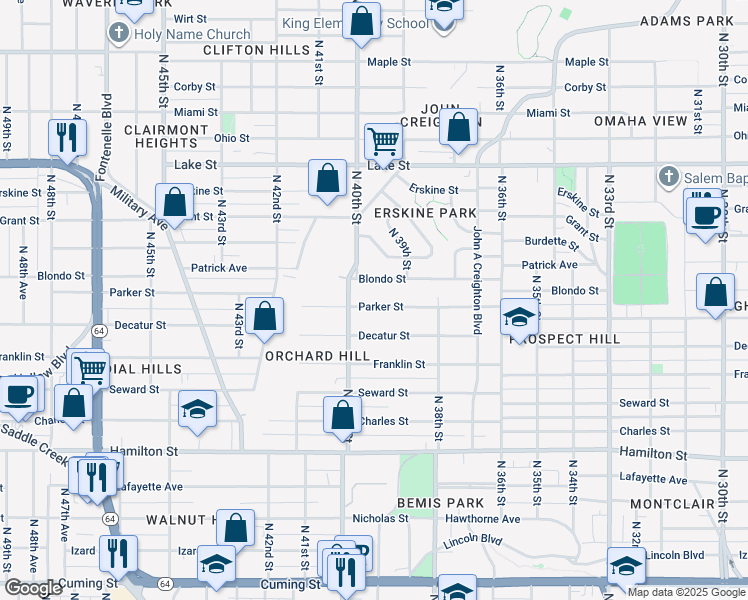 map of restaurants, bars, coffee shops, grocery stores, and more near 3860 Parker Street in Omaha
