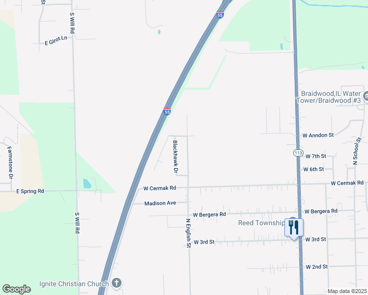map of restaurants, bars, coffee shops, grocery stores, and more near 852 North English Street in Braidwood