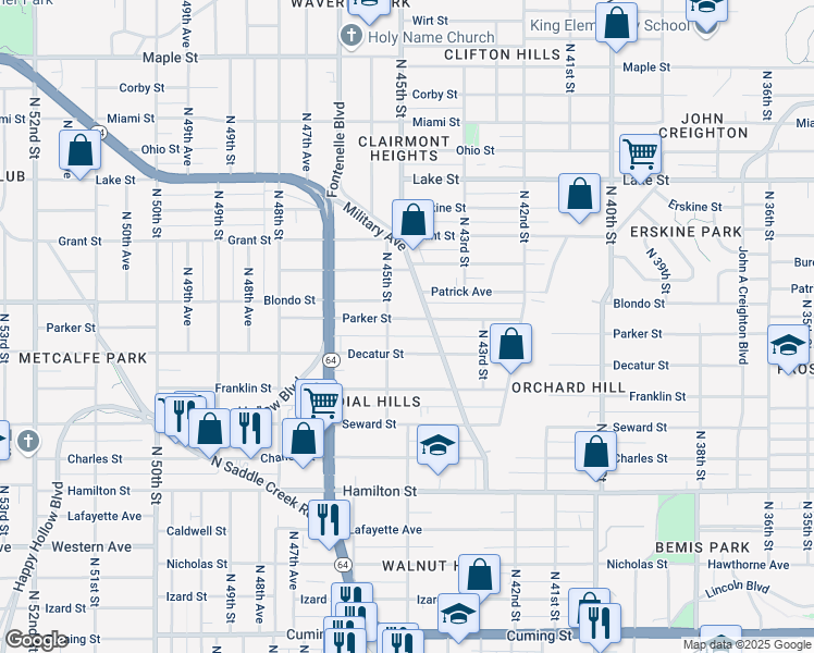 map of restaurants, bars, coffee shops, grocery stores, and more near 4417 Parker Street in Omaha
