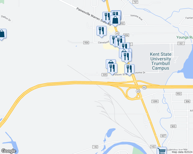 map of restaurants, bars, coffee shops, grocery stores, and more near 271 Folsom Street Northwest in Warren