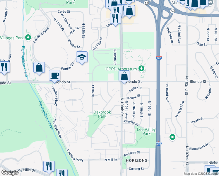 map of restaurants, bars, coffee shops, grocery stores, and more near 1817 North 110th Street in Omaha