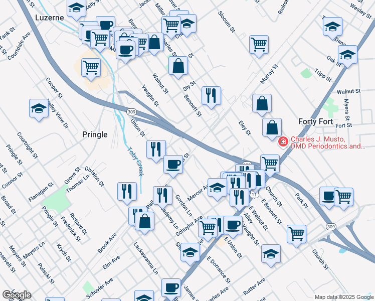 map of restaurants, bars, coffee shops, grocery stores, and more near 40 Fulton Street in Luzerne