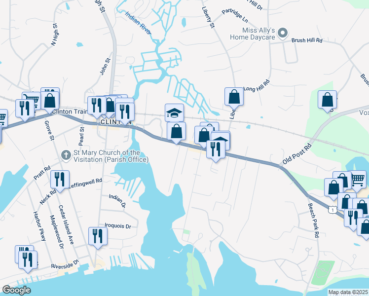 map of restaurants, bars, coffee shops, grocery stores, and more near 82 East Main Street in Clinton