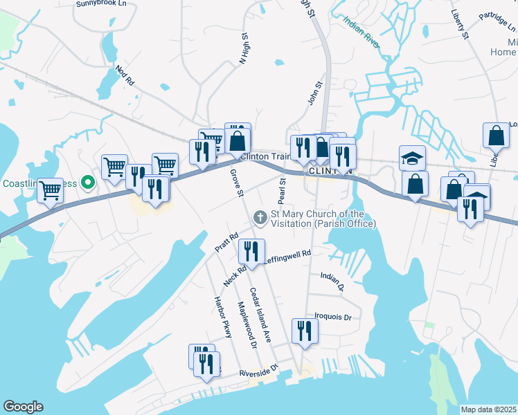 map of restaurants, bars, coffee shops, grocery stores, and more near 13 Palmer Terrace in Clinton