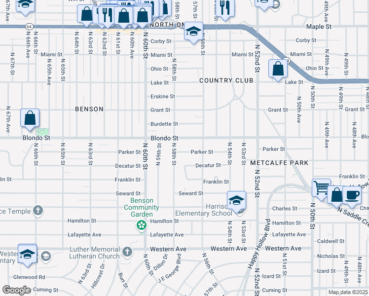 map of restaurants, bars, coffee shops, grocery stores, and more near 5634 Parker Street in Omaha