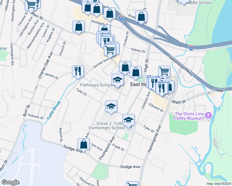 map of restaurants, bars, coffee shops, grocery stores, and more near 42 Bishop Street in East Haven