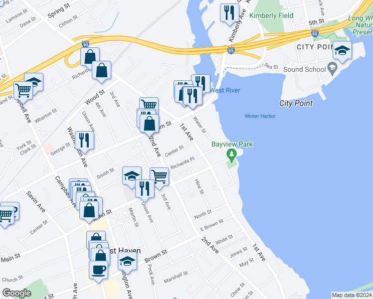 map of restaurants, bars, coffee shops, grocery stores, and more near 346 1st Avenue in West Haven
