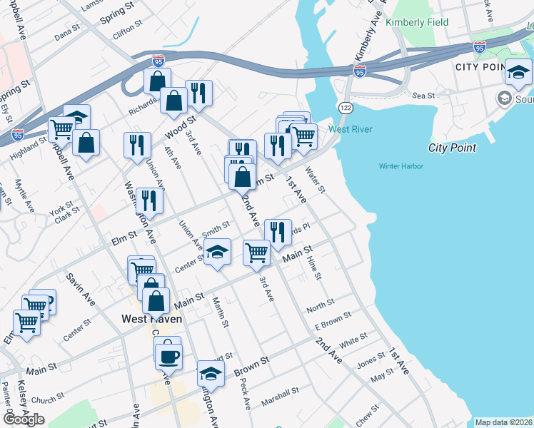 map of restaurants, bars, coffee shops, grocery stores, and more near 603 2nd Avenue in West Haven