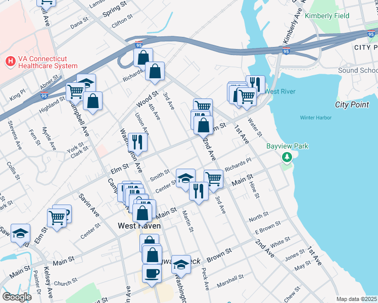 map of restaurants, bars, coffee shops, grocery stores, and more near 1 Smith Street in West Haven