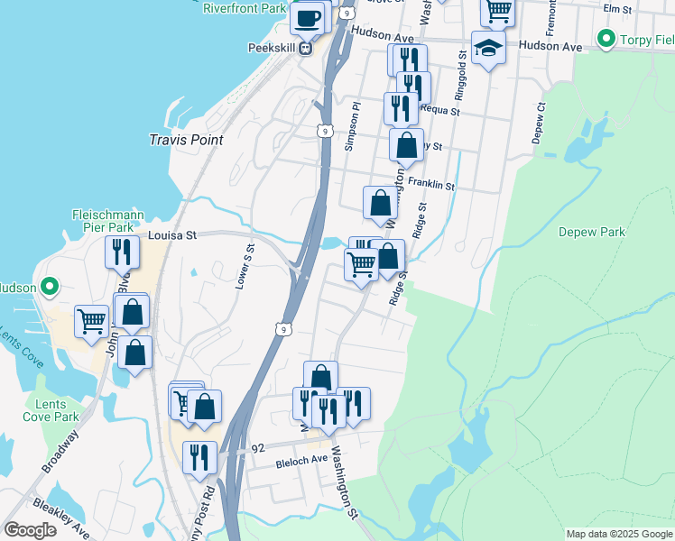 map of restaurants, bars, coffee shops, grocery stores, and more near 617 Maplewood Avenue in Peekskill