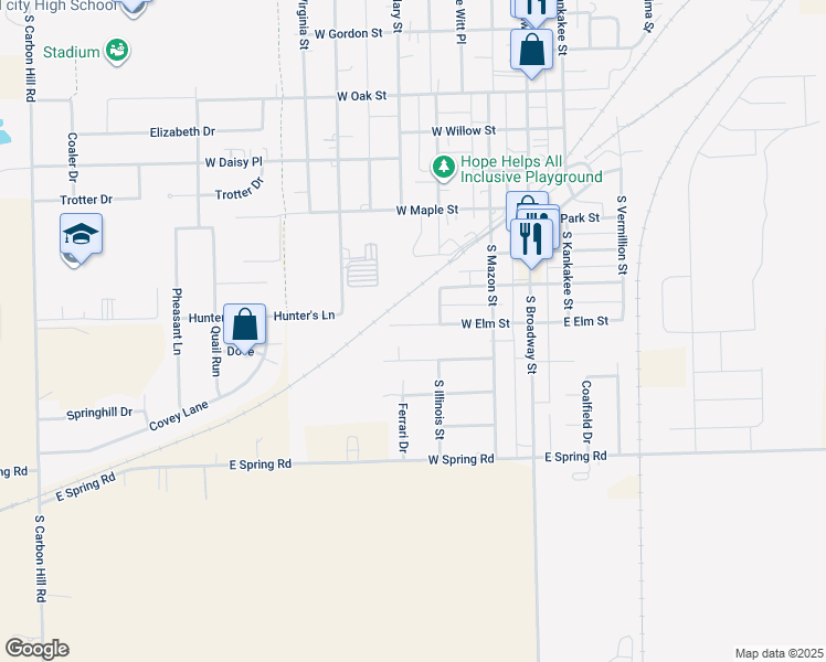 map of restaurants, bars, coffee shops, grocery stores, and more near 265 West Elm Street in Coal City