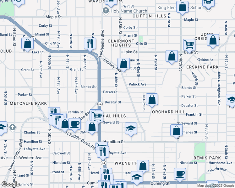map of restaurants, bars, coffee shops, grocery stores, and more near 4417 Parker Street in Omaha