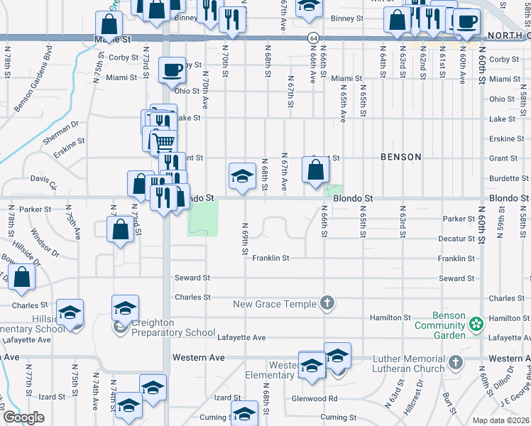 map of restaurants, bars, coffee shops, grocery stores, and more near 6658 Decatur Street in Omaha