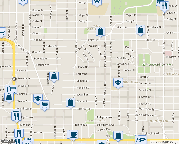 map of restaurants, bars, coffee shops, grocery stores, and more near 3824 Parker St in Omaha