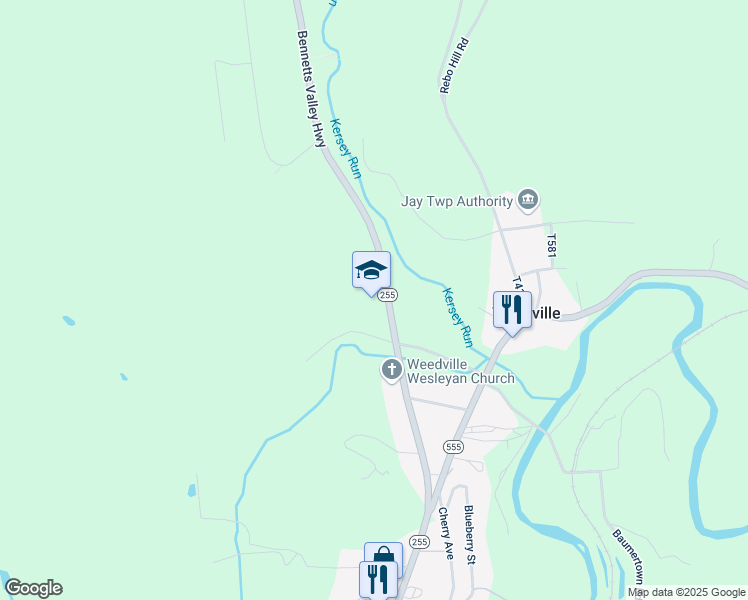 map of restaurants, bars, coffee shops, grocery stores, and more near 19073 Bennetts Valley Highway in Weedville