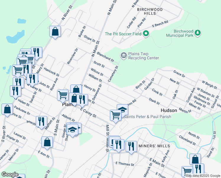 map of restaurants, bars, coffee shops, grocery stores, and more near 114 William St in Plains