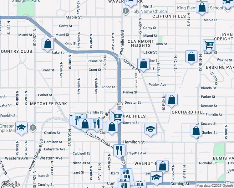 map of restaurants, bars, coffee shops, grocery stores, and more near 1824 Nebraska 64 in Omaha