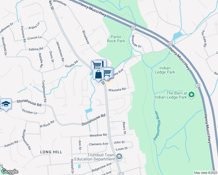 map of restaurants, bars, coffee shops, grocery stores, and more near 6486 Main Street in Trumbull