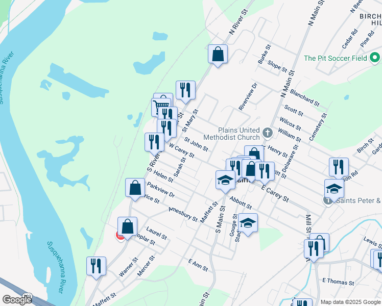 map of restaurants, bars, coffee shops, grocery stores, and more near 83-85 W Carey St in Plains