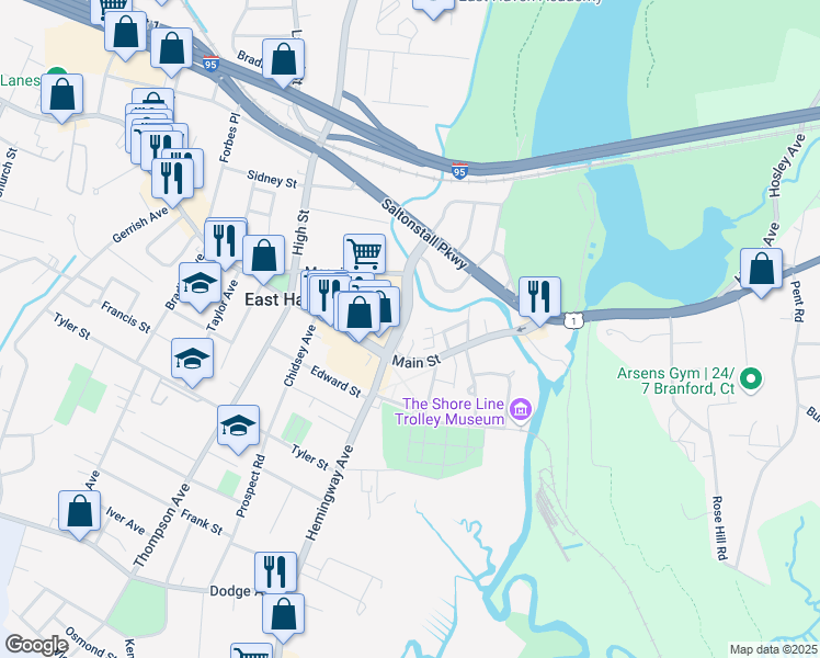 map of restaurants, bars, coffee shops, grocery stores, and more near 339 Hemingway Avenue in East Haven