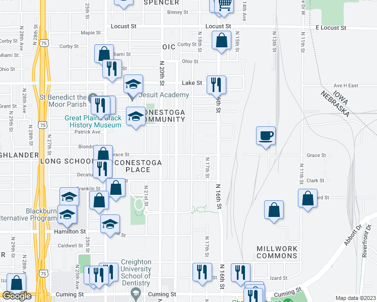 map of restaurants, bars, coffee shops, grocery stores, and more near 2006 North 18th Street in Omaha