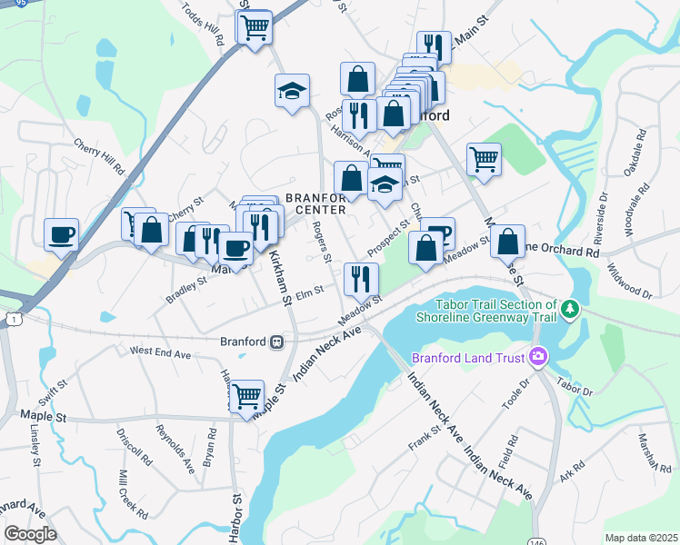 map of restaurants, bars, coffee shops, grocery stores, and more near 55 Rogers Street in Branford