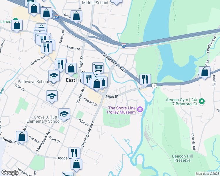 map of restaurants, bars, coffee shops, grocery stores, and more near 339 Hemingway Avenue in East Haven